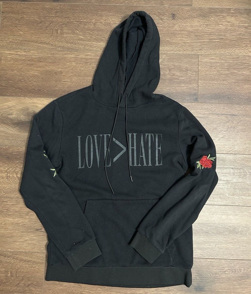 Forever 21 Men's Black Love Over Hate Embroidered Rose Hoodie Size Small